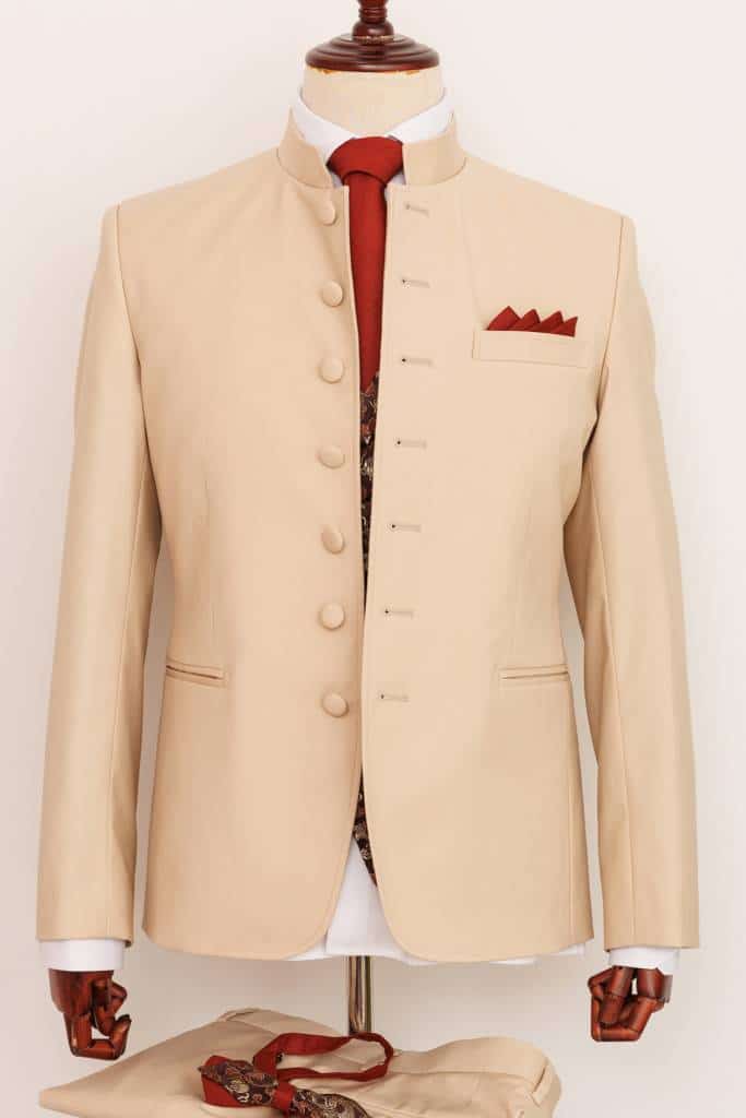 costume col mao homme écru marron motif