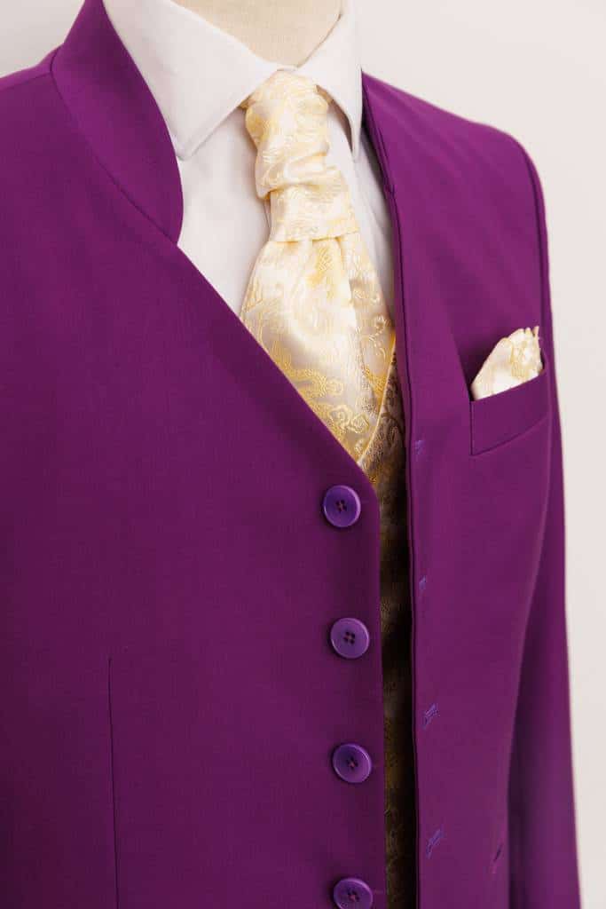 costume sur mesure original col mao homme framboise