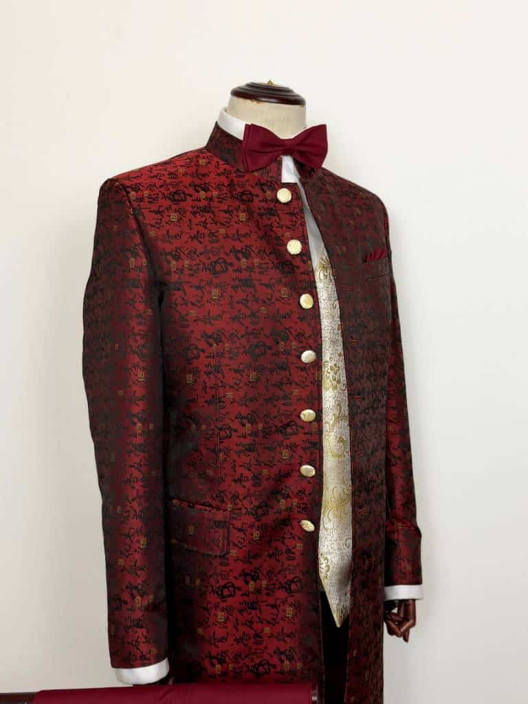 Costume long col mao rouge bordeaux cérémonie